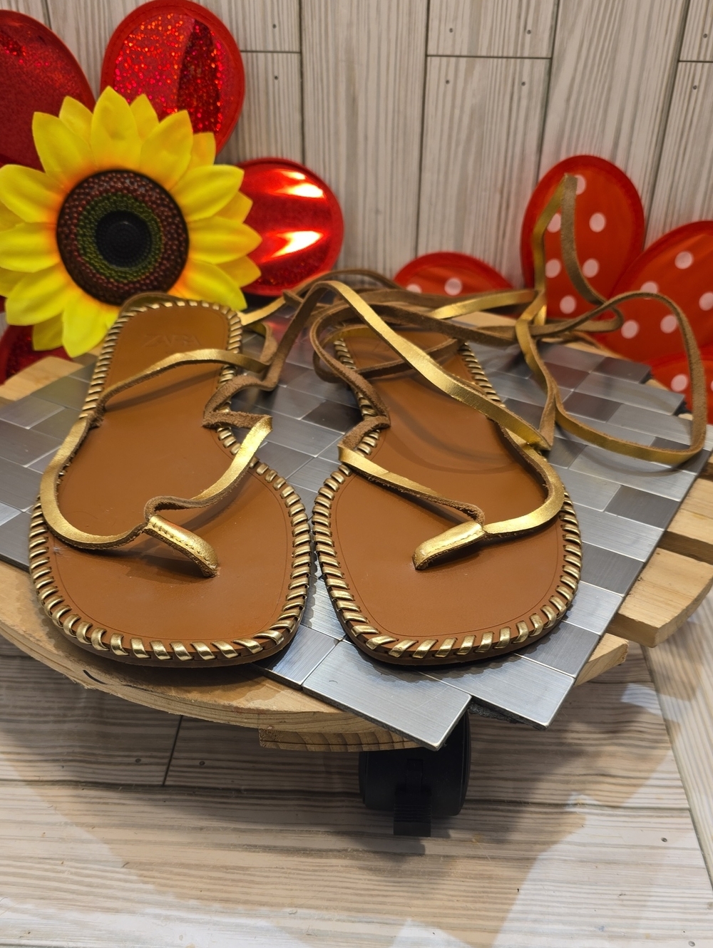 Zara Leather Gold Leather Lace-Up Sandals - Picture 5 of 7